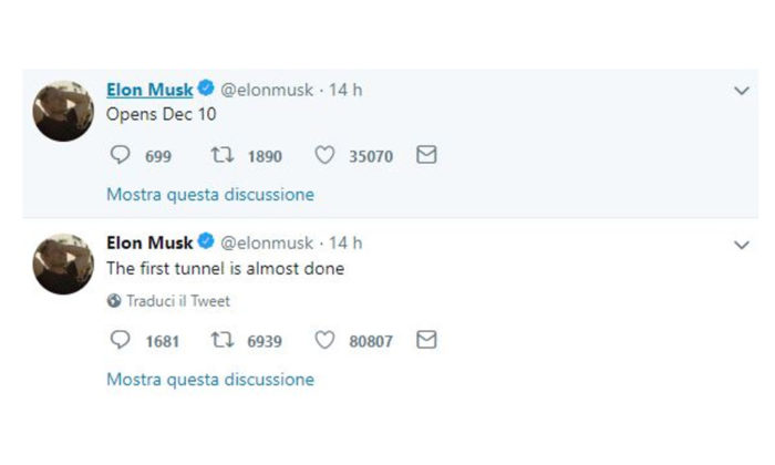 Elon Musk tweet annuncio tunnel