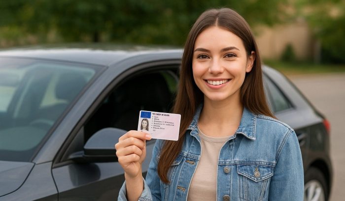 Patente B a 17 anni, grandi novità dalla UE e sanzioni più dure per la sicurezza 6 Per piacere elabora immagine di bella ragazza con la patente B italiana vicina ad un'auto generica, senza Marchio