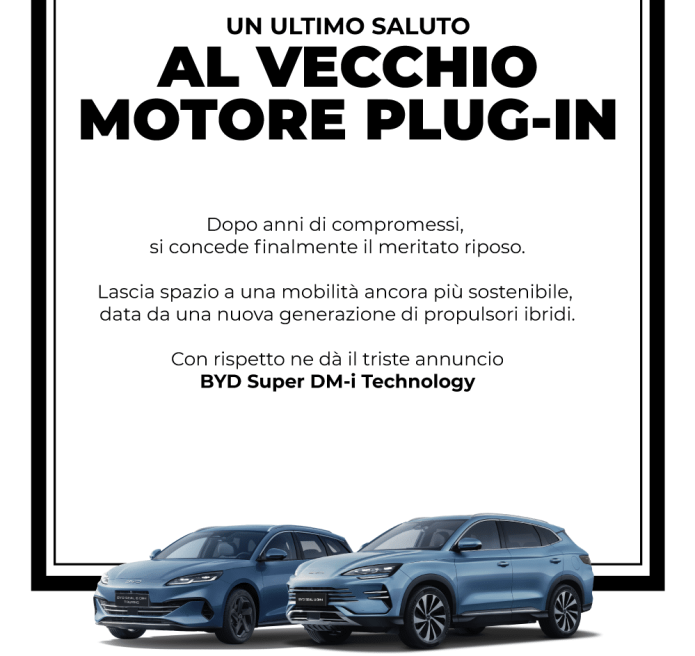 Promozione BYD che scherza sulla pensione dei motori plug in e1759936014125 695x656