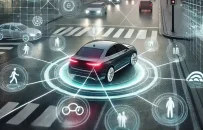 DALL·E 2025 12 03 14.30.35 A detailed futuristic visualization of predictive automotive safety technology. Depict a modern car driving on a city street at dusk surrounded by s e1764768707960 203x130