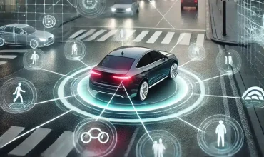 DALL·E 2025 12 03 14.30.35 A detailed futuristic visualization of predictive automotive safety technology. Depict a modern car driving on a city street at dusk surrounded by s e1764768707960 370x220