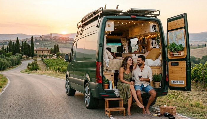 Turismo 2026, il camper conquista il 50% dei giovani viaggiatori 3 Elabora una bella foto di una bella giovane coppia di 35enni su un furgone camperizzato